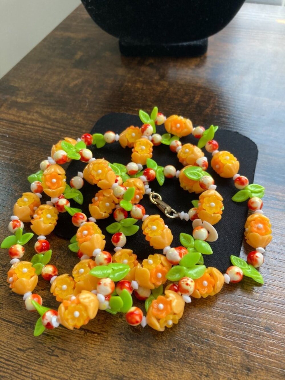 Vintage Plastic Fruit Salad Floral Necklace Orange Hong Kong
